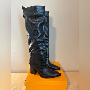 Black Croc-Embossed Knee-High Block Heel Boots